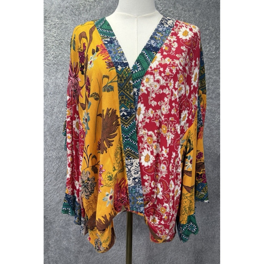 Umgee Women's L Boho Kimono Top Floral Patchwork Bell Sleeve V Neck Tunic Blouse